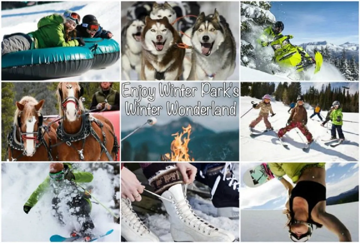A vibrant collage of people engaging in various winter activities such as snow tubing, dog sledding, snowmobiling, skiing, and children playing in the snow. Horses and sled dogs add to the sense of adventure and seasonal fun.