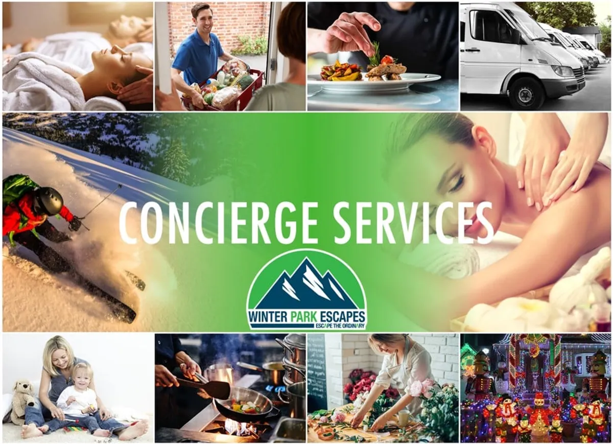 A collage-style scene capturing in-room spa treatment, gourmet culinary services, family bonding around the dinner table, winter sports gear, and holiday decorations. The mood is welcoming, luxurious, and festive.