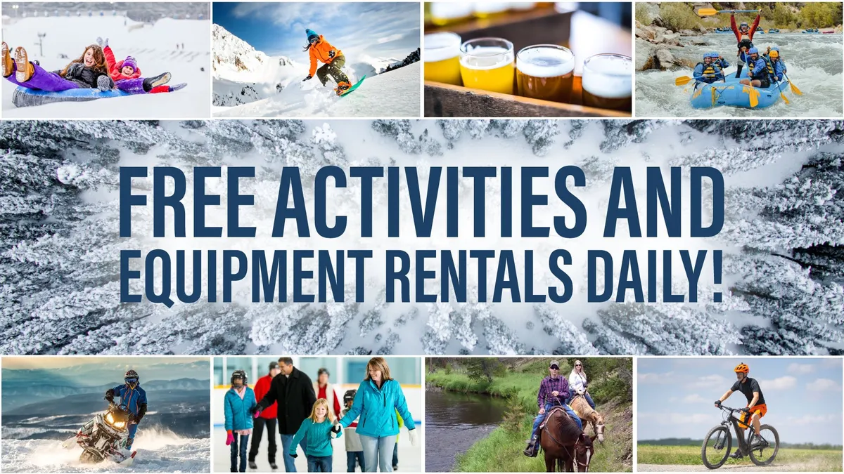 A vibrant montage of guests enjoying mountain adventures—skiing, snowboarding, rafting, biking, and relaxing with food and drinks. Family, friends, and gear are present, reflecting active, year-round fun and camaraderie.