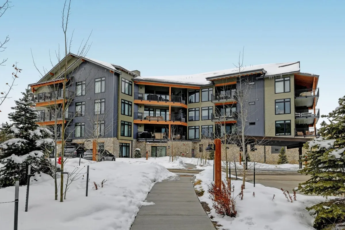 A modern building framed by snow-covered pathways and surrounded by tall trees, suggesting easy access to nature and tranquil winter exploration just steps from the accommodation.
