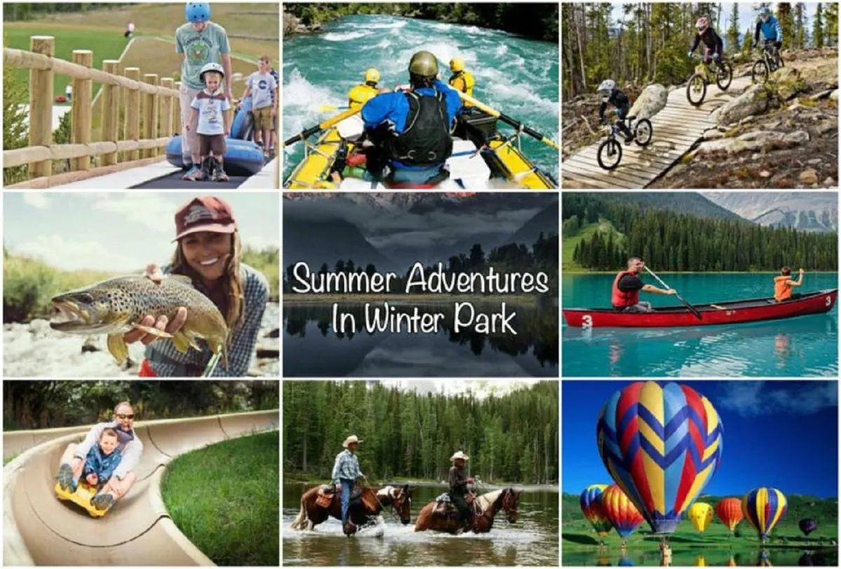 A dynamic view image brimming with families enjoying a variety of outdoor activities—rafting on a river, biking, fishing, kids sliding, horseback riding, and hot air ballooning—set in a scenic mountain environment. The mood is adventurous and joyful, conveying a sense of shared discovery and recreation.
